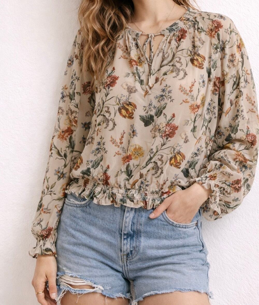 Zara Basic Floral Sheer Blouse Small Boho Peasant Tie Neck Top